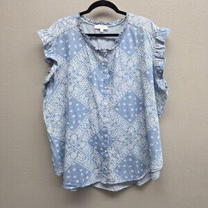 Daily Thread Shirt Womens 3X Blue Chambray Paisley Ruffle Flutter Sleeve Henley